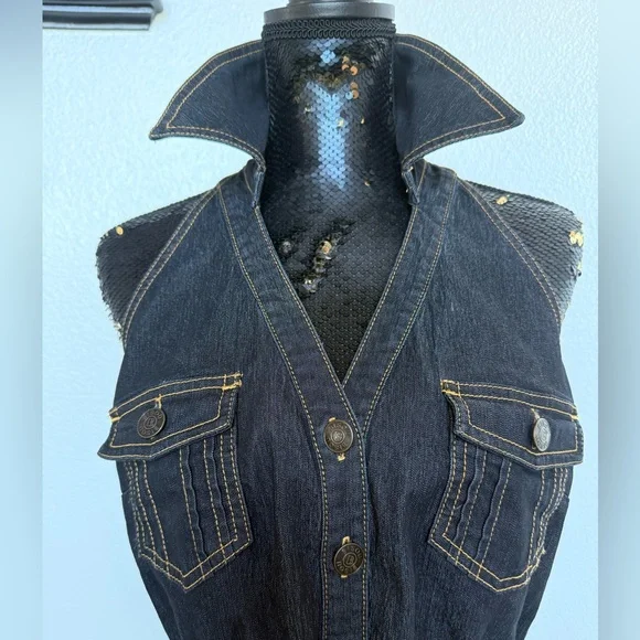 NWOT Y2K Bisou Bisou Denim Sleeveless Button-Up Halter Top Vest Belt Size Large - Picture 2 of 5